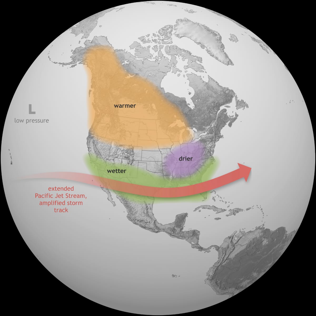 Map showing typical North American winter impacts of El Niño